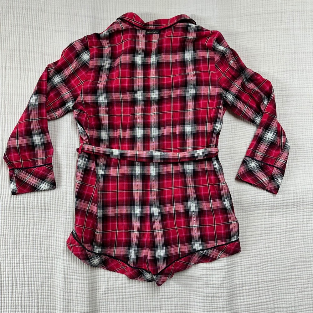 VICTORIA'S SECRET size L Red Pink & Plaid Flannel Romper 1 Pc belted Pajamas - Picture 8 of 11